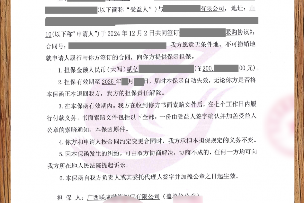 2亿采购协议履约保函-国有融资担保公司出函
